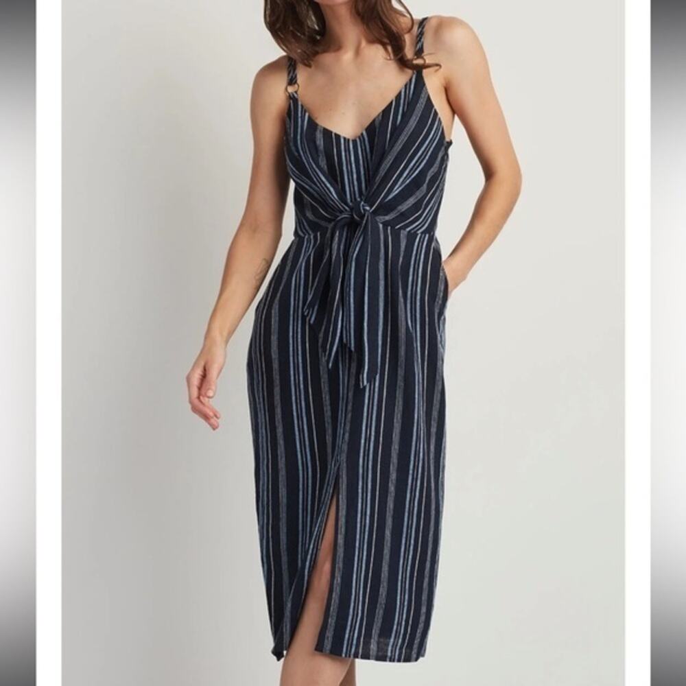 NWT Ellen Tracy Blue Stripe Tie Front Linen Blend Dress Size Small